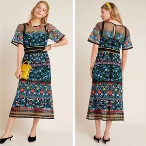 Anthropologie Black Sheer Floral Embroidered Midi Esther Dress Size 2P